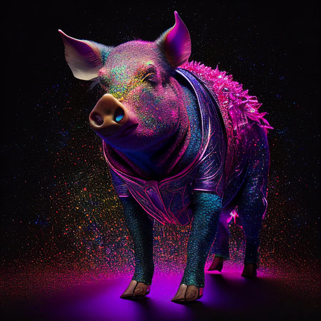 Realistic lifelike pig in fluorescent electric highlighters ultra-bright neon outfits, commercial, editorial advertisement, surreal surrealism. 80s Era comebackの素材