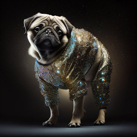 Realistic lifelike pug dog in disco neon glitter bright outfits, commercial, editorial advertisement, surreal surrealismの素材