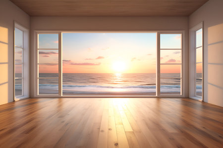 Creative interior concept. Wide large window oak wooden room gallery opening to beach sunset landscape. Template for product presentation. Mock up 3D renderingの素材