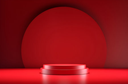 Modern podium stage platform display on red background room. With copy text space. Mock up template for product presentation. Blank Exhibition stage backdrop. 3D renderingの写真素材