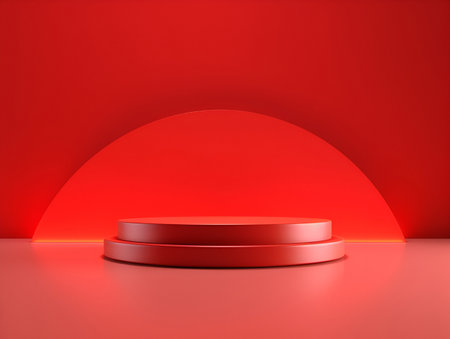 Modern podium stage platform display on red background room. With copy text space. Mock up template for product presentation. Blank Exhibition stage backdrop. 3D renderingの写真素材