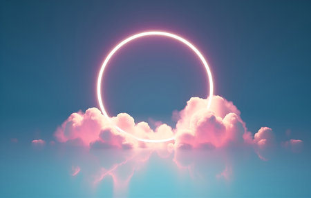 Abstract minimal concept. Pastel illuminated soft clouds background with neon glowing frame ring. Mock up template for product presentation with copy text space. 3D renderingの写真素材