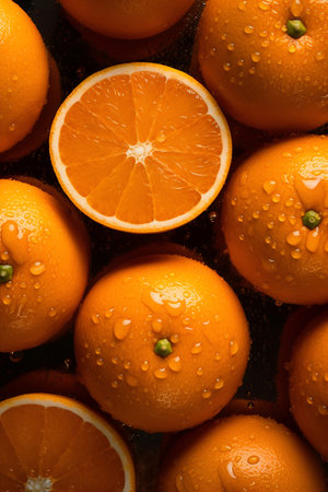Creative fruits composition. Beautiful oranges whole and sliced glistering with dew water droplet. flat lay top view. seamless macro closeupの写真素材