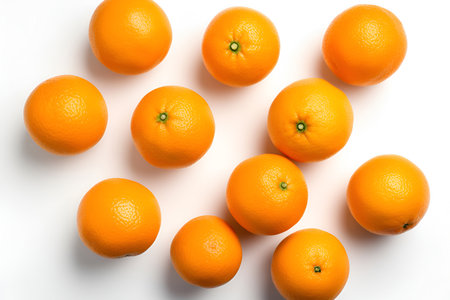 Creative fruits composition. Beautiful whole oranges isolated on white background. flat lay top side...