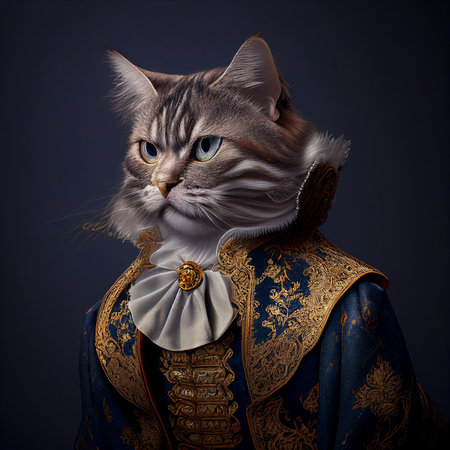 Realistic lifelike cat kitty in renaissance regal medieval noble royal outfits, commercial, editorial advertisement, surreal surrealism. 18th-century historical.の素材