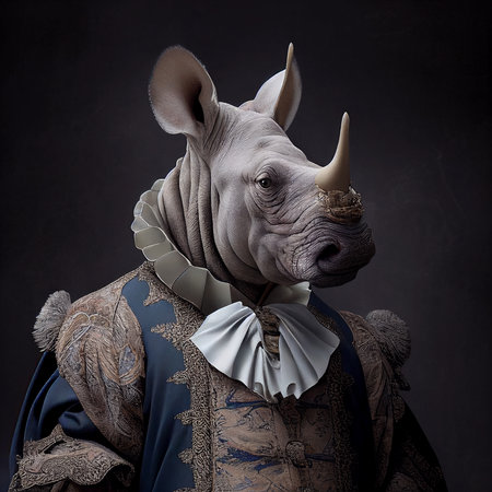 Realistic lifelike rhinoceros in renaissance regal medieval noble royal outfits, commercial, editorial advertisement, surreal surrealism. 18th-century historical.の素材