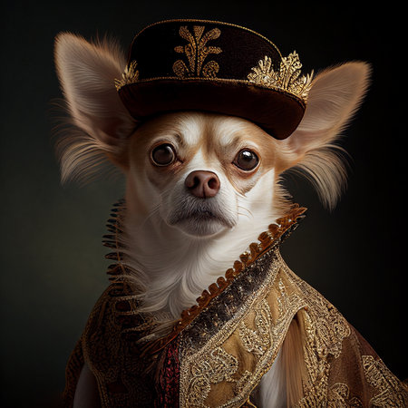 Realistic lifelike chihuahua dog puppy in renaissance regal medieval noble royal outfits, commercial, editorial advertisement, surreal surrealism. 18th-century historical.の素材