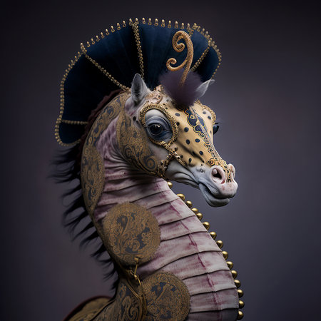 Realistic lifelike seahorse in renaissance regal medieval noble royal outfits, commercial, editorial advertisement, surreal surrealism. 18th-century historicalの素材