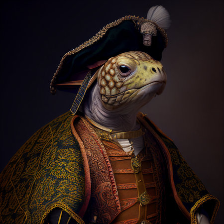 Realistic lifelike turtle tortoise in renaissance regal medieval noble royal outfits, commercial, editorial advertisement, surreal surrealism. 18th-century historical.の素材