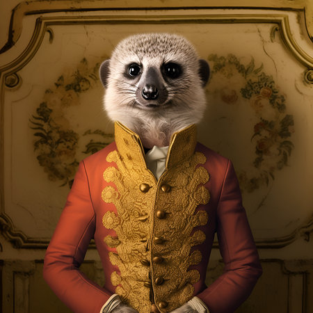 Realistic lifelike meerkat in renaissance regal medieval noble royal outfits, commercial, editorial advertisement, surreal surrealism. 18th-century historicalの素材