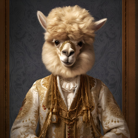 Realistic lifelike alpaca in renaissance regal medieval noble royal outfits, commercial, editorial advertisement, surreal surrealism. 18th-century historical.の素材