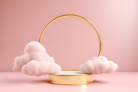 Abstract minimal concept. Soft clouds pastel pink background with gold frame ring light podium stage platform display. Mock up template for product presentation. 3D renderingの写真素材