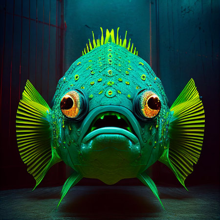 Realistic lifelike fish in fluorescent electric highlighters ultra-bright neon outfits, commercial, editorial advertisement, surreal surrealism. 80s Era comebackの素材