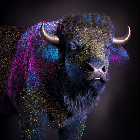 Realistic lifelike buffalo in disco neon glitter bright outfits, commercial, editorial advertisement, surreal surrealismの素材