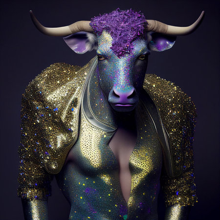 Realistic lifelike bull in disco neon glitter bright outfits, commercial, editorial advertisement, surreal surrealismの素材