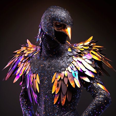 Realistic lifelike crow bird in disco neon glitter bright outfits, commercial, editorial advertisement, surreal surrealismの素材
