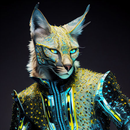 Realistic lifelike cat in disco neon glitter bright outfits, commercial, editorial advertisement, surreal surrealismの素材