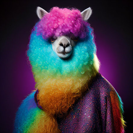 Realistic lifelike llama in disco neon glitter bright outfits, commercial, editorial advertisement, surreal surrealismの素材