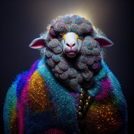 Realistic lifelike sheep lamb in disco neon glitter bright outfits, commercial, editorial advertisement, surreal surrealismの素材