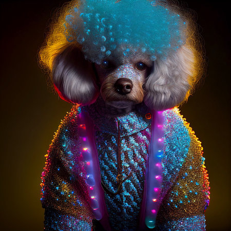 Realistic lifelike poodle dog in disco neon glitter bright outfits, commercial, editorial advertisement, surreal surrealismの素材