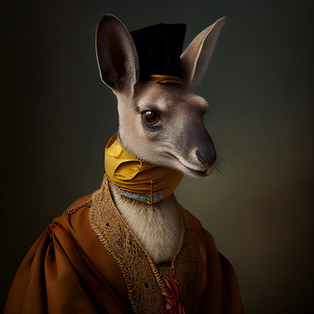 Realistic lifelike kangaroo in renaissance regal medieval noble royal outfits, commercial, editorial advertisement, surreal surrealism. 18th-century historicalの素材