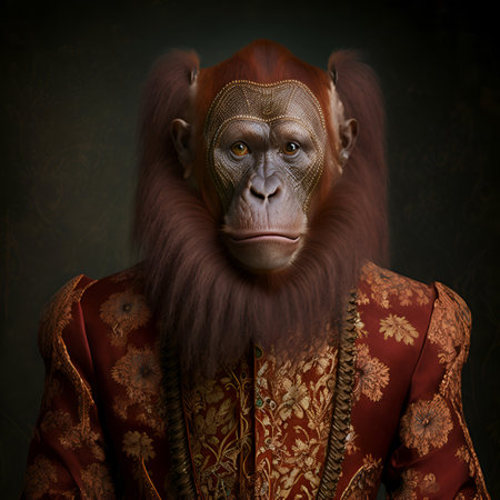 Realistic lifelike orangutang in renaissance regal medieval noble royal outfits, commercial, editorial advertisement, surreal surrealism. 18th-century historicalの素材