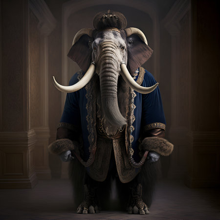 Realistic lifelike elephant in renaissance regal medieval noble royal outfits, commercial, editorial advertisement, surreal surrealism. 18th-century historicalの素材