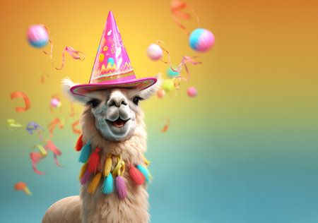 Creative animal concept. alpaca in party cone hat necklace bowtie outfit isolated on solid pastel background advertisement, copy text space. birthday party invite invitationの素材