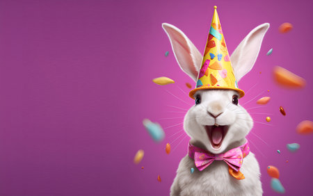 Creative animal concept. rabbit bunny in party cone hat necklace bowtie outfit isolated on solid pastel background advertisement, copy text space. birthday party invite invitationの素材
