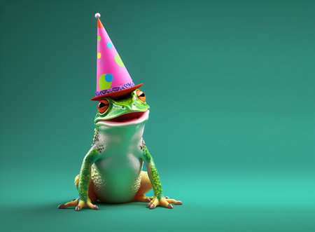 Creative animal concept. frog toad in party cone hat necklace bowtie outfit isolated on solid pastel background advertisement, copy text space. birthday party invite invitationの素材