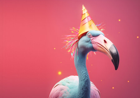 Creative animal concept. flamingo in party cone hat necklace bowtie outfit isolated on solid pastel background advertisement, copy text space. birthday party invite invitationの素材