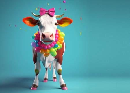 Creative animal concept. cow in party cone hat necklace bowtie outfit isolated on solid pastel background advertisement, copy text space. birthday party invite invitationの素材