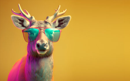 Creative animal concept. elk in sunglass shade glasses isolated on solid pastel background, commercial, editorial advertisement, surreal surrealism.の素材