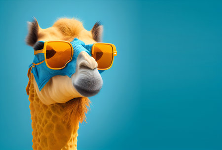 Creative animal concept. camel in sunglass shade glasses isolated on solid pastel background, commercial, editorial advertisement, surreal surrealismの素材