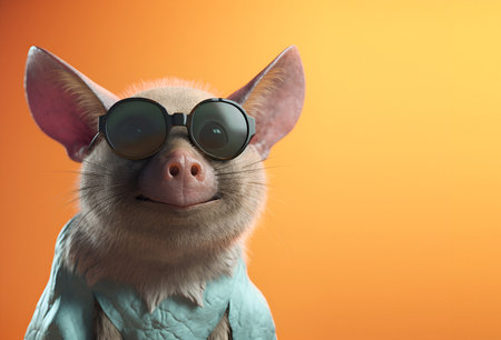 Creative animal concept. bat in sunglass shade glasses isolated on solid pastel background, commercial, editorial advertisement, surreal surrealism.の素材