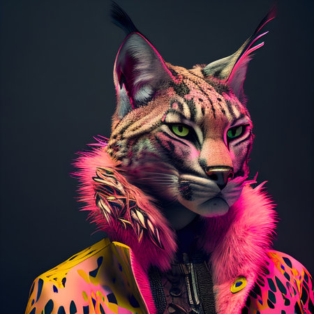 Realistic lifelike leopard in fluorescent electric highlighters ultra-bright neon outfits, commercial, editorial advertisement, surreal surrealism. 80s Era comeback.の素材