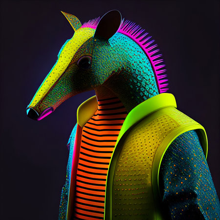 Realistic lifelike aneater in fluorescent electric highlighters ultra-bright neon outfits, commercial, editorial advertisement, surreal surrealism. 80s Era comeback.の素材