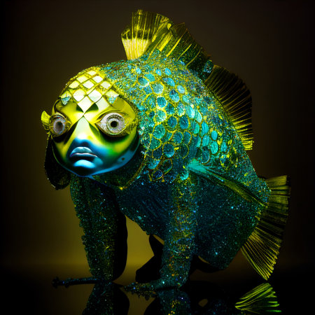Realistic lifelike fish in disco neon glitter bright outfits, commercial, editorial advertisement, surreal surrealismの素材