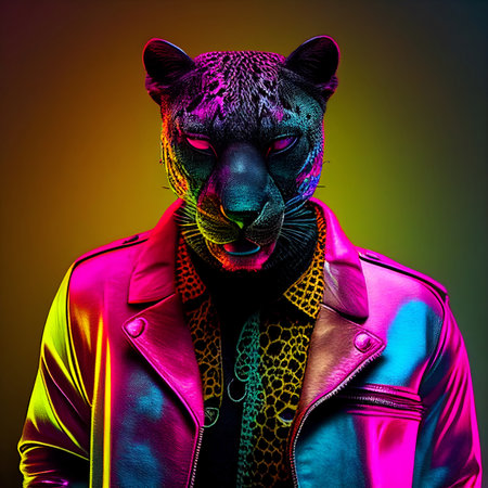 Realistic lifelike leopard in fluorescent electric highlighters ultra-bright neon outfits, commercial, editorial advertisement, surreal surrealism. 80s Era comeback.の素材