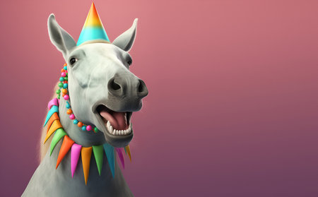 Creative animal concept. horse in party cone hat necklace bowtie outfit isolated on solid pastel background advertisement, copy text space. birthday party invite invitationの素材
