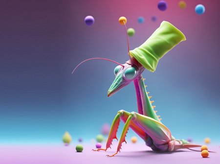 Creative animal concept. praying mantis in party cone hat necklace bowtie outfit isolated on solid pastel background advertisement, copy text space. birthday party invite invitationの素材