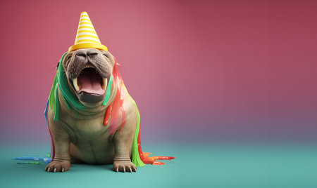 Creative animal concept. walrus in party cone hat necklace bowtie outfit isolated on solid pastel background advertisement, copy text space. birthday party invite invitationの素材