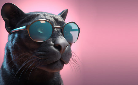 Creative animal concept. panther in sunglass shade glasses isolated on solid pastel background, commercial, editorial advertisement, surreal surrealismの素材
