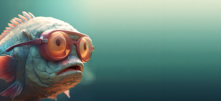Creative animal concept. fish in sunglass shade glasses isolated on solid pastel background, commercial, editorial advertisement, surreal surrealismの素材