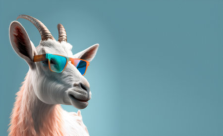 Creative animal concept. goat in sunglass shade glasses isolated on solid pastel background, commercial, editorial advertisement, surreal surrealismの素材
