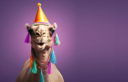 Creative animal concept. camel in party cone hat necklace bowtie outfit isolated on solid pastel background advertisement, copy text space. birthday party invite invitationの素材