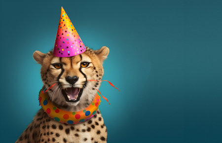 Creative animal concept. cheetah in party cone hat necklace bowtie outfit isolated on solid pastel background advertisement, copy text space. birthday party invite invitationの素材