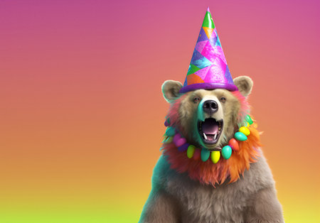 Creative animal concept. bear in party cone hat necklace bowtie outfit isolated on solid pastel background advertisement, copy text space. birthday party invite invitationの素材
