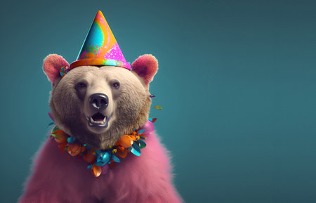 Creative animal concept. bear in party cone hat necklace bowtie outfit isolated on solid pastel background advertisement, copy text space. birthday party invite invitationの素材