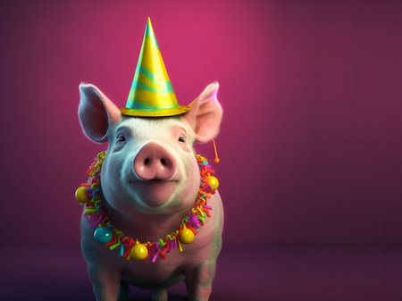 Creative animal concept. pig in party cone hat necklace bowtie outfit isolated on solid pastel background advertisement, copy text space. birthday party invite invitationの素材